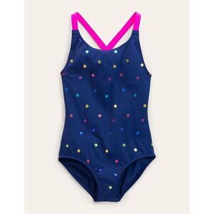 Mini Boden Swimsuit Girls 9-10 Navy w/Rainbow Foil Confetti Cross-back One Piece